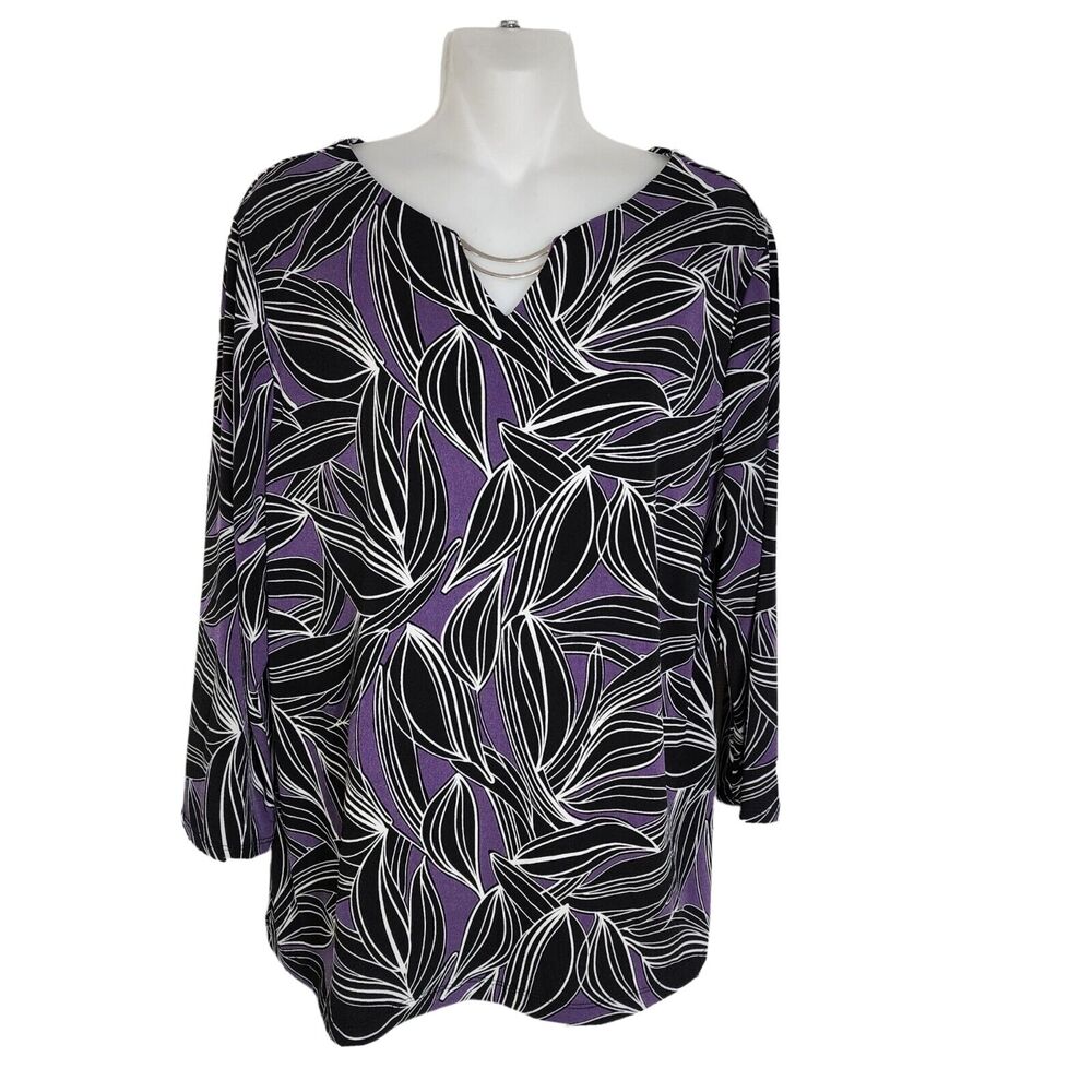 Chico's Easywear Womens Top Size 2 Large Leafy Lines Double Bar Tee 3/4 Sleeve